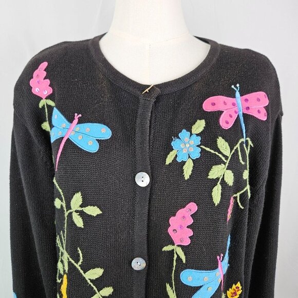 Morgan Cole Black Cardigan XL Vintage Embroidered Dragonflies Flowers - Picture 3 of 10
